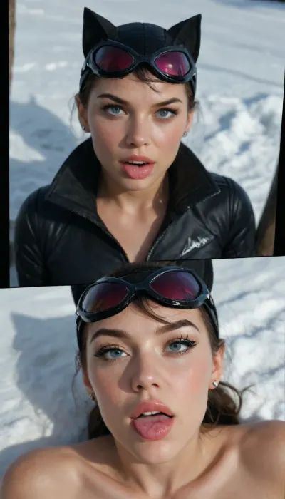 Comic-illustration, Catwoman in a leather mask with ears leaned on a strong Batman, sensually licking his lips with her tongue .They lie on the white snow, light and shadow, contrasts