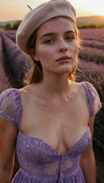 portrait of a young woman, French, perky breasts, beret, dress, during sunset, in a lavender field., (cum on face, thick white cum:1.2), ., woman, cum, on, face, <lora:JustCum:1.2>