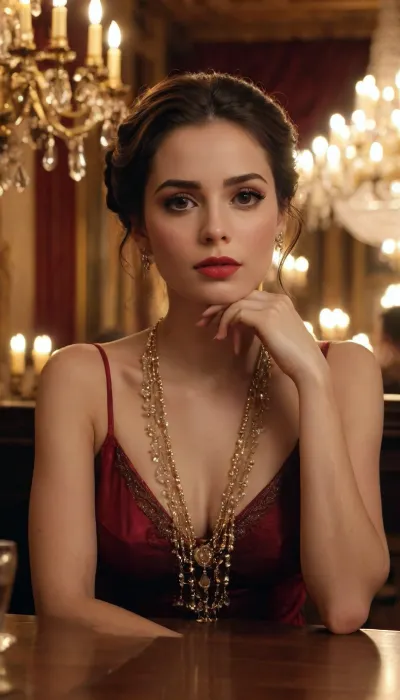 A woman is seated in a luxurious, dimly lit dining hall with opulent chandeliers hanging from a high, ornately decorated ceiling. She is elegantly posed, resting her head on her hand while gazing at the camera. Her lips are painted deep red, and her eyes are accentuated by dark makeup. Her expression is calm and confident. Her skin appears with a warm glow, reflecting the ambient golden lighting of the room.