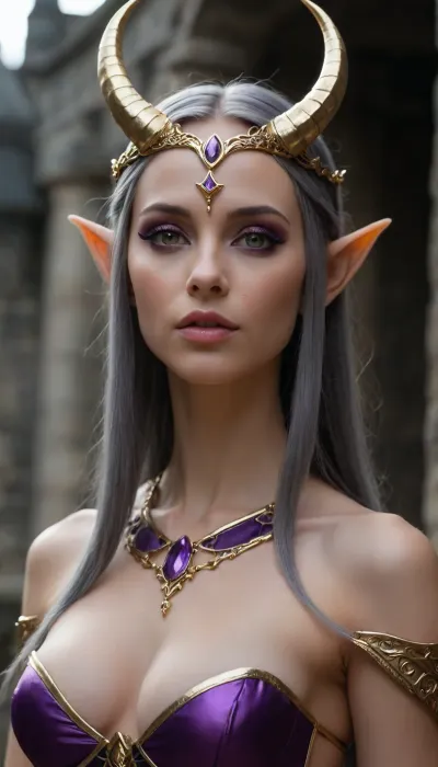 1 extremely sexy elf woman queen, golden elven crown with 2 horns, nose chain, wide angle, side view, pale skin, large full beautiful lips, extremely small cute face, hair covering one eye, black hair, perfect long flat hair, extremely straight hair, gold trimmed elegant black armor with purple accents, partially nude, very long thick eyelashes, light white eyes, extremely cute petite body, cute small breasts, tint erect nipples, tiny areolas, small waist, cute bubble butt, extremely thin muscular thighs, extremely perfect big eyes, perfect face, 8k, elegant grey elven castle at