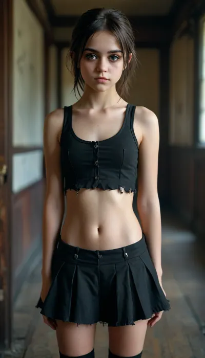 petite student, ripped revealing clothes, goth, Small tits, full body view, <lora:MJ52:.6>, Tinymodel, young, schoolgirl, pretty young, Young girls, 18 years old, perfect face, dark brown eyes, cute, closeup, petite body, smokey eyes, full body photo, beautiful face