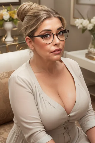 A mature, obese, milf, fully clothed, standing in a living room, her gaze focused intently on the viewer. She is dressed in a professional, bent over to show her deep cleavage. The camera angle is from below her, looking upward, giving the viewer a downblouse perspective. Her attire suggests authority and experience with a hint of feminine appeal. The room is well-lit, her hair is pulled back into a bun, a few grey strands framing her face which is partially obscured by her glasses, adding to her intellectual allure. The focus of the image is the subtle, yet deliberate, way the light plays across her chest, illuminating the gap between her buttons. The overall scene is a nuanced portrayal of a woman in a position of power, balancing her professionalism with a discreet nod to her mature beauty, portrait, bokeh, super maximum gigantic saggy tits, wide hips, adventure, xxevais, perfect, eyes, detailed, skin, blemish, <lora:xxevais-16:.35>, <lora:polyhdron_all_in_one_eyes_hands_skin_fin:.2>, <lora:weight_slider_v2:.8>