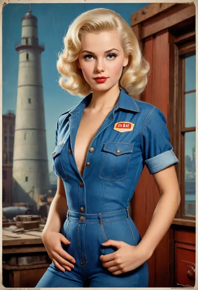 platinum blonde with hard perky breasts in sexy denim work coverall, the workshop in background, USSR poster style, USSR postcard style, 1950s, USSR epoch, soviet poster art style, Soviet advertising art style, (lithography, high detailed paper texture), (1950s vintage color poster:1.3), 1950s analog photo for soviet magazine, (realistic anatomy, realistic pose), full-length image, period-accurate image