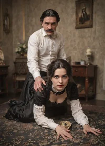 Hetero erotic scene, (beautiful Victorian lady in sumptuous dress, on all fours, skirt up), being fucked by, (a man, he has a large moustache and black hair), photo realistic