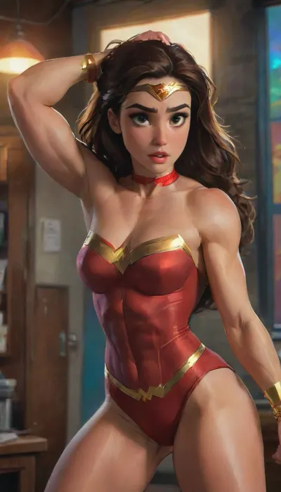 Wonder Woman cosplay by Rachel Pizzolato, dressed in sensual alluring cropped hoodie, track shorts, thigh high wool socks clothes attached to her body, big, tanga sensual, realistic portrait, captivating facial expression, confident stance, penetrating eyes, radiant skin, effects exquisite details, high resolution jockstrap, studio photograph, dramatic lighting, blurry background, warm tones, bold color palette, kinematic effect, Arte conceptual., sharp focus, depth of field, 8k photo, HDR, professional lighting, taken with Canon EOS R5, 75mm lens, natural beauty, highlydetailedbody, realisticface, highlydetailedhair, insanelydetailed, 8K.highdetailedskin, highresolution, perfectfingers, (j_cartoon:1.5), Drawing, <lora:pizzolato_sdxl:2>, uberfit, muscular, athletic, <lora:uberfit_lora_sdxl:.8>, <lora:samdoesarts1.1-000030:.4>, <lora:J_cartoon:.3>, <lora:Animated_Concept:.4>