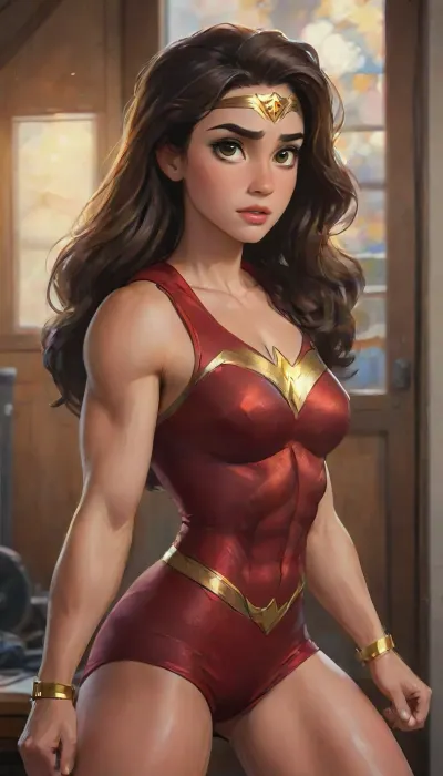 Wonder Woman is Rachel Pizzolato, dressed in wonder woman inspired intricate designer sensual alluring cropped hoodie with track shorts and thigh high wool socks clothes attached to her athletic hourglass body, big, tanga sensual, realistic portrait, captivating facial expression, confident stance, penetrating eyes, radiant skin, effects exquisite details, high resolution jockstrap, studio photograph, dramatic lighting, blurry background, warm tones, bold color palette, kinematic effect, Arte conceptual., sharp focus, depth of field, 8k photo, HDR, professional lighting, taken with Canon EOS R5, 75mm lens, natural beauty, highlydetailedbody, realisticface, highlydetailedhair, insanelydetailed, 8K.highdetailedskin, highresolution, perfectfingers, (j_cartoon:1.5), Drawing, <lora:pizzolato_sdxl:2>, uberfit, muscular, athletic, <lora:uberfit_lora_sdxl:.7>, <lora:samdoesarts1.1-000030:.4>, <lora:J_cartoon:.3>, <lora:Animated_Concept:.4>