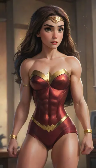 Wonder Woman is Rachel Pizzolato, (Wonder Woman:1.3), dressed in wonder woman inspired intricate designer sensual alluring cropped hoodie with track shorts and thigh high wool socks clothes attached to her athletic hourglass body, big, tanga sensual, realistic portrait, captivating facial expression, confident stance, penetrating eyes, radiant skin, effects exquisite details, high resolution jockstrap, studio photograph, dramatic lighting, blurry background, warm tones, bold color palette, kinematic effect, Arte conceptual., sharp focus, depth of field, 8k photo, HDR, professional lighting, taken with Canon EOS R5, 75mm lens, natural beauty, highlydetailedbody, realisticface, highlydetailedhair, insanelydetailed, 8K.highdetailedskin, highresolution, perfectfingers, (j_cartoon:1.5), Drawing, <lora:pizzolato_sdxl:2>, uberfit, muscular, athletic, <lora:uberfit_lora_sdxl:.7>, <lora:samdoesarts1.1-000030:.4>, <lora:J_cartoon:.3>, <lora:Animated_Concept:.4>