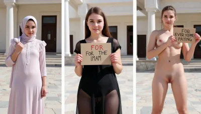 side-by-side three pictures of a young Arabic, petite, woman, standing in front of a mosque. On the first picture on the left she wears a long dress and hijab, and holds a handmade sign with text "FOR THE IMAM". On the second picture in the middle she wears a black transparent dress, see-thru dress, and holds a handmade sign with text "FOR MY FAMILY". On the third picture on the right she is completely naked, nude, and holds a handmade sign with text "FOR EVERYONE PAYING".