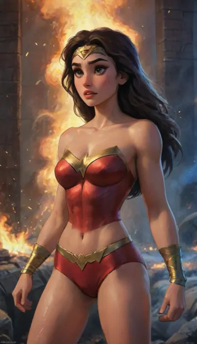 Wonder Woman is Rachel Pizzolato, dressed in wonder woman inspired intricate designer sensual alluring cropped hoodie with track shorts and thigh high wool socks clothes attached to her athletic hourglass body, big, tanga sensual, realistic portrait, captivating facial expression, confident stance, penetrating eyes, radiant skin, create Batman very muscular and very large, with very high trapezius muscles, the muscles are tearing his clothes, he has eyes with a bright blue light, he is carrying Wonder Woman in his lap who is extremely sexy, with her clothes torn, she is passed out and dirty, they are leaving the Arkan hospital, which is on fire. lots of destruction, fire everywhere. effects exquisite details, high resolution jockstrap, studio photograph, dramatic lighting, blurry background, warm tones, bold color palette, kinematic effect, Arte conceptual., sharp focus, depth of field, 8k photo, HDR, professional lighting, taken with Canon EOS R5, 75mm lens, natural beauty, highlydetailedbody, realisticface, highlydetailedhair, insanelydetailed, 8K.highdetailedskin, highresolution, perfectfingers, (j_cartoon:1.5), Drawing, <lora:pizzolato_sdxl:2>, Batman, Knightmare, <lora:Batman Knightmare:.5>, <lora:samdoesarts1.1-000030:.4>, <lora:J_cartoon:.3>, <lora:Animated_Concept:.4>