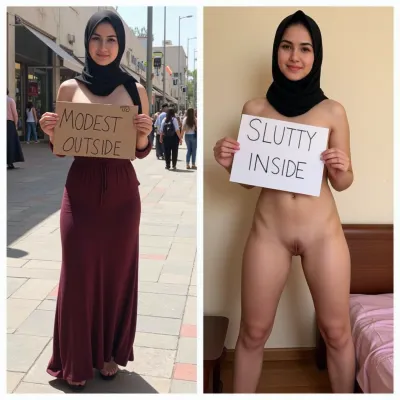 side-by-side two pictures of a young Arabic, petite, woman. On the first picture on the left she wears a long dress and hijab, standing in a shopping street and holds a handmade sign with text "MODEST OUTSIDE". On the second picture in the middle she is naked, standing in a bedroom and holds a handmade sign with text "SLUTTY INSIDE".