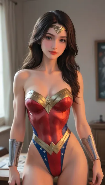 Wonder Woman is Rachel Pizzolato, dressed in wonder woman inspired intricate designer sensual alluring clothes attached to her athletic hourglass body, big, tanga sensual, realistic portrait, captivating facial expression, confident stance, penetrating eyes, radiant skin, A curvy, sexy woman dressed in a shiny, form-fitting Wonder Woman costume, standing confidently and smiling next to a handsome muscular man in a detailed Batman Arkham suit, inside a bright futuristic Fortress Of Solitude, realistic 3D render, soft glowing skin, glossy textures, seductive expression, detailed facial features, long flowing hair, natural lighting, high quality, ultra HD., sharp focus, depth of field, 8k photo, HDR, professional lighting, taken with Canon EOS R5, 75mm lens, natural beauty, highlydetailedbody, realisticface, highlydetailedhair, insanelydetailed, 8K.highdetailedskin, highresolution, perfectfingers, (j_cartoon:1.5), Drawing, <lora:pizzolato_sdxl:2>, Batman, Knightmare, <lora:Batman Knightmare:.5>, <lora:samdoesarts1.1-000030:.4>, <lora:J_cartoon:.3>, uberfit, muscular, athletic, Wonder Woman, Snyder, Style, <lora:Dataset:.4>