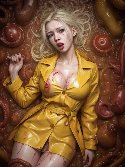 Score_9, score_8_up, score_7_up, masterpiece, best quality, (ultra high res:1.1), girl, perfect face, lying, covered in blood, (dead expression), sewage, yellow raincoat, white shirt, scary monster, slimy, eldritch, horror, inside, creature, <lora:inside_creature_v0.1:.8>