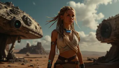 Star Wars Style, heroic full body view of a heavy attacking Jedi Warrior in front of Millennium Falcon, slender, slim waist, blonde matted dreadlocks, flat breasted, sweating, dirt, perfect tanned skin, lucky charm necklace, holding blue lightsaber, highly detailed costume, perfect face, desert, bright sunshine on sweaty skin, deep blue sky, clouds, spaceport, millennium falcon as ally in background, 8k, high resolution, cinematic, <lora:MJ52:.8>
