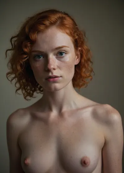 Full body shot, 20 year old ginger girl, lots of freckles, light red hair, very curly hair, mullet, small upturned nose, thin lips, big eyes, skinny body, lanky body, full frontal nudity, pointy nipples, pokey, ugly duckling, butterface, butter face, angular face with high cheekbones