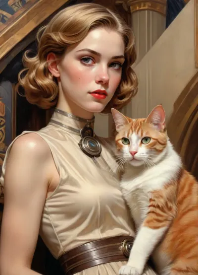 1girl and 1cat, J.C., Leyendecker, Style, page, <lora:SimplePositive_XL_v1_AutoRunMech:.5>, <lora:J.C. Leyendecker Style:.8>