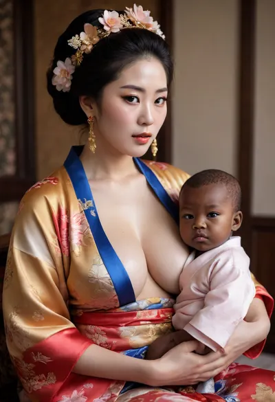 A korean queen dressed in kimono with colossal breasts breastfeeding A black man, interracial