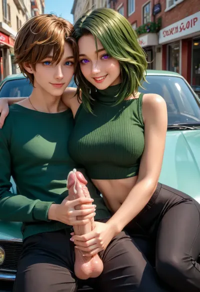Slender 22 year old white girl, hipster clothing, red and green hair, hot body, voluptuous, Canadian girl, thin waist and perky tirs, gravity defying huge boobs, very tight crop top orange and dark green sweater, low rise corduroy pants, sexy stomachs, perfect lighting and shadows, high quality lens, hyper detailed, setting is a rainy London street, cute and mischievous smile, purple eyes, girl, girl is giving a handjob to a huge penis, cuddling, 1girl, 1boy, sitting, handjob, couple, sucking, cock, Object, gd, erection, sex, toy, penis, large, cum shot, lots of cum, <lora:cockteaseLoRASDXL:.5>, <lora:Penis_XL:.5>