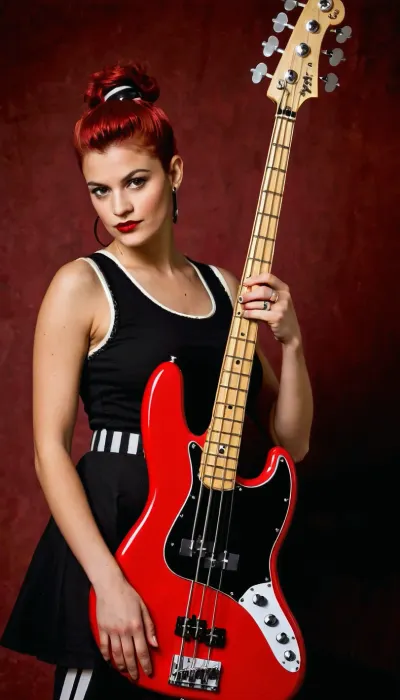 ((realistic photograph)), female punk musician holding a bass, ((vintage Fiesta-red Fender-style Jazz Bass)), four strings, two separate single-coil pickups, traditional Jazz Bass body shape, slim offset design, (maple neck with dot inlays), classic Jazz Bass headstock with four tuners on one side, ((white strap with two black parallel racing stripes attached to bass)), natural soft lighting, realistic materials, accurate proportions, detailed hardware