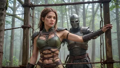 girl in a tattered medieval tunic of coarse linen, with frayed edges and traces of dirt, stands in an iron cage that resembles an animal enclosure. Her hair is disheveled, her eyes are fearfully defiant, and her fingers are gripping the bars as if she's trying to defend herself. The cage is surrounded by a misty forest thicket, rusty spikes on the bars and shadows from the branches add to the sense of confinement. There are two hunters around, men in worn leather armor, daggers on their belts and crossbows on their backs. Their postures are aggressive — one is leaning toward the cage, grinning, his hand reaching for the lock, the other is half-turned, eyeing the captive with carnivorous interest. The hunters ' faces are a mixture of cruelty and lustful curiosity, narrowed eyes, stiff neck muscles, greasy grins. **Details to draw, **, **Textures, ** focus on the frayed fabric of the tunic, the gleam of the metal of the cage, the roughness of the tree bark in the background., **Lighting, ** the dim moonlight filtering through the fog creates sharp shadows on the hunters ' faces and glare on their weapons., **Emotions, ** fear and resistance in the girl's eyes, contrasting with the predatory passion of men., **Environment details, ** moss on the ground, broken branches underfoot, cobwebs in the corners of the cage. — * * Colors, ** a muted palette, (gray-green tones of the forest, dark brown leather of armor), with an emphasis on the pallor of the girl's skin and bloody reflections on metal. — * * Composition, ** a bottom view that highlights the threatening position of the hunters, a light haze for an atmosphere of alarm. **Technical instructions, ** Use ultra-detailed rendering for the characters ' faces and hands, 8K texture resolution for rendering small elements, (such as scratches on bars), and dynamic lighting with soft shadows. Add a motion blur to the background to focus your attention on the cell. * Restriction, The description does not contain explicit scenes of violence, but implies a tense atmosphere.*, fantasy, scaled, humanoid, 4ng3l, face, <lora:SDXL_BetterFaces-LoRA_v1:.9>