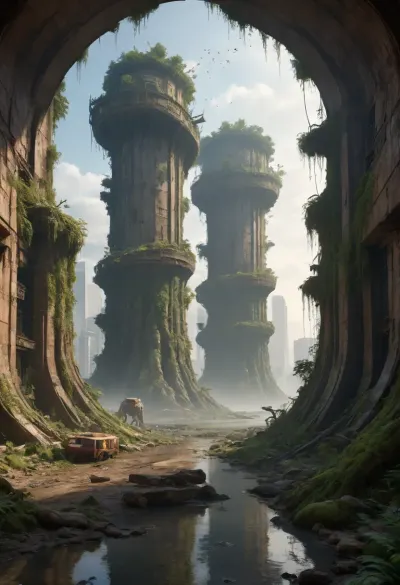 ** Bird's eye view of a post-apocalyptic metropolis, ** Vast jungles of concrete and steel are swallowed up by nature, skyscrapers with * * collapsed facades* * and **rusted beams* * have turned into vertical gardens where * * giant ferns* * and * * creepers * * entangle * * cracks in the walls**, and * * waterfalls of moss * * flow down through the **mangled elevators**. The roofs are hidden under a dense jungle canopy of oaks, palm trees, and glowing mushrooms, whose roots tear the freeways into crumbling slabs dotted with rusty car hulks and leaning streetlights. ** Collapsing bridges * * hang over * * overgrown canals**, where * * brown bears* * drink from * * swamps with water lilies**, and * * herds of antelopes * * roam among * * destroyed billboards* * with * * peeling paint**. In the sky, **swift peregrine falcons * * hunt * * flocks of crows * * circling over * * the remains of stadiums** where * * wild vineyards** have swallowed * * the stands**. ** The setting sun * * breaks through * * toxic yellow smog**, painting** the hazy haze **in * * neon green* * and * * blood orange * * shades, and * * bioluminescent algae * * shimmer in * * underground rivers* * of former subways. **8K detail * * highlights * * cracks in the asphalt**, **peeling paint* * on * * abandoned tanks**, **bird feathers scattered* * on * * alleys**, **dew drops** on **cobwebs* * between * * antennas** skyscrapers, * * rusty rivets* * on * * bridges* * and * * cactus needles * * piercing * * paving slabs**. ** HDR lighting * * enhances the contrast between * * warm highlights* * on * * cheetah skin* * and * * cold shadows* * in * * dungeon pits**, and * * raytracing * * creates * * a three-dimensional fog** that envelops * * helicopter remains* * on * * * runways**. **Focus* * on * * a giant baobab tree * * sprouting through * * the planetarium dome**, its * * snake roots* * entwining * * abandoned telescopes**, and * * the background * * dissolves into * * fog with ash particles**, where * * the silhouettes of cranes** and * * cranes * * resemble * * the skeletons of prehistoric lizards**. ** Lossless PNG format * * saves * * ultra-details**, from * * python scales* * on * * monument debris* * to * * ice crystals* * on * * icy arches* * in** permafrost * * underground storage facilities. Nature didn't just **win** — it **rewrote the DNA of the megalopolis**, turning it into a **symbiosis of apocalypse and rebirth**.
