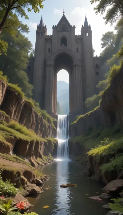 A wild river carves through a fantastical utopian landscape, its turquoise waters glowing faintly with bioluminescent algae as it plunges over moss-covered cliffs into misty waterfalls. Towering trees with translucent amber bark and iridescent leaves form a lush canopy, while fields of luminescent flowers in violet, coral, and gold ripple in the breeze. The air shimmers with floating pollen-dust and tiny winged creatures resembling dragonflies with stained-glass wings. Jagged crystal spires rise in the distance, half-hidden by cascading vines and glowing fungi clinging to their bases. The sky is a kaleidoscope of soft auroras blending into peach-hued clouds, casting warm light on ancient stone bridges draped in ivy and orchids. No signs of technology—only harmonious coexistence of magic and nature, with waterfalls feeding crystal-clear pools teeming with fish that flicker like living gems. Style, ethereal fantasy realism with hyper-detailed textures, (water droplets, leaf veins, crystal facets), and a vibrant palette of jewel tones against earthy greens and golds.