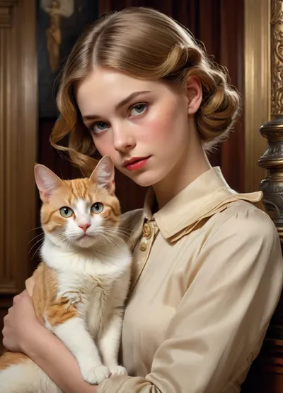 1Woman 18 years old and 1cat, J.C., Leyendecker, Style, page, <lora:SimplePositive_XL_v1_AutoRunMech:.5>, <lora:J.C. Leyendecker Style:.3>
