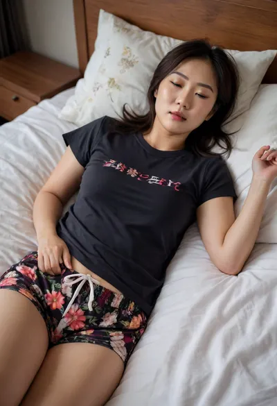 Sexy thick 40 year old Korean mommy passed out in bed wearing and oversized dark t-shirt and skimpy floral pajama shorts, sleeping, asleep, comfy pose