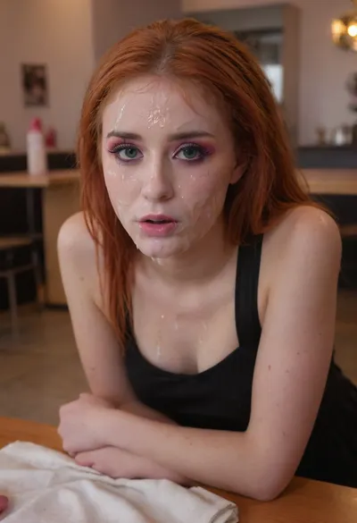 young 18 years old slender egirl sits at a table and looks bored at the phone, bored look, redhead, cute tall face, (bright egirl makeup:1.5), ((ruined makeup)), (cafe), sitting in a cafe, at a table in a cafe, (cum on face:1.6), (cum on hair:1.3), (cum on cloth:1.3), bukkake, transparent cloth, <lora:JustCum:.5>, <lora:MS_Real_XL_Bukkake:.5>