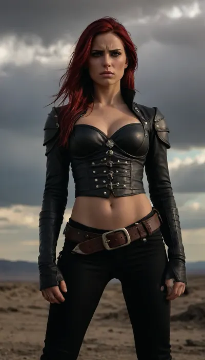 woman, masterpiece, best quality, katarina, (scar over eye), armor, cropped jacket, cleavage, bustier, midriff, belt, black pants, upper body, standing, furrowed brow, serious expression, glare, looking at viewer, wasteland, sky, clouds, <lora:katarina-nvwls-v1-final:.5>