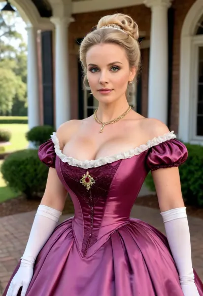 Full body Portrait photo of 30 years old woman, duchess, noblewoman, mature, beautiful, blonde hair, Victorian hairstyle, porcelain skin, fit, toned, athletic, slim arms, skinny, busty, (((antebellum 1800s hoop dress))), tight waist, opulent jewelry, necklace, long gloves, inside a southern plantation house, shy smile, beautiful detailed eyes, depth blur, key visual, vibrant, highly detailed, early morning light, golden hour, hoopdress, <lora:bombshell_v2:1.4>, <lora:bab4d033-acad-4a4e-b6fa-5dda2bad3471.TA_trained:.5>