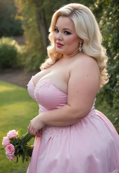 Russian beauty, (midget:1.3), milf, (obsess:1.5), (oversized bbw:1.5), (oversized thick thighs), ., (Oversized wide hips), Floppy boobs., (Wide large rounded ass), Long eyelash. Smokey eyes makeup. Long length straight hair, white blonde hair. Big earrings, big necklace. happy. In petticoat, retro 50s style. Lots of details, high quality photo, 8k photo, rich colors photo., ((View from side)), . Location park, tree, flowers, sunrise