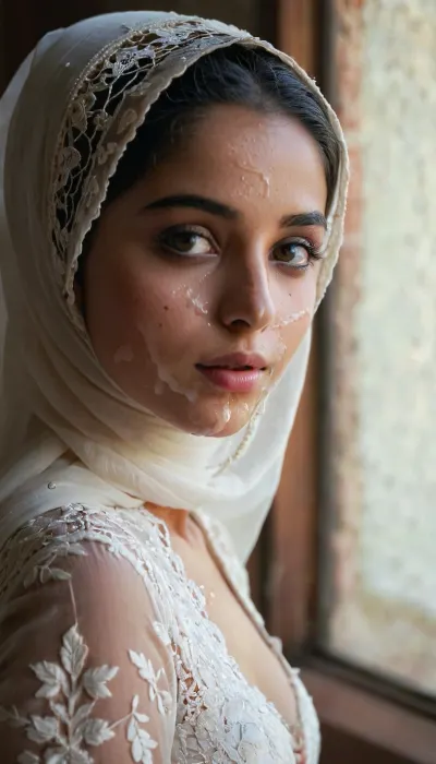 portrait of a, (very petite:1.3), (19 year old), (arabic woman), (lace-hijab), (lace-dress), (cum on face), (cum on hijab), . woman, cum, on, face, <lora:JustCum:1.1>