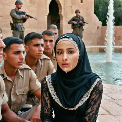 portrait of a, (very petite:1.3), (19 year old), (arabic woman), (lace-hijab), (lace-dress), (cum on face), (cum on hijab), sitting near a fountain. Behind her stand three Western men, soldiers in uniform. woman, cum, on, face, <lora:JustCum:1.1>