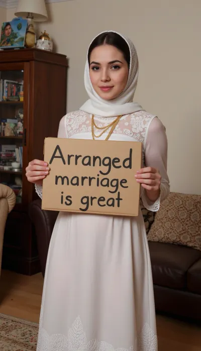 full-body portrait of a, (very petite:1.3), (19 year old), (arabic woman), (lace-hijab), (lace-dress), decent jewlery, modest makeup, in an Arabic livingroom, nonnude. She holds a handmade sign with text "Arranged marriage is great".