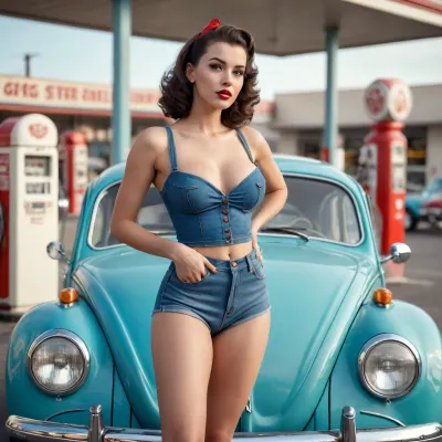 Pin-up girl, old style, vintage photo, 21yo, VW Beetle in the background, big breast, sexy pose, denim shorts, pose like mannequin in gas station, erotic picture, 1950s