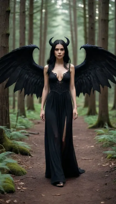 female demon, beautiful face, Full body, black wings, black hair, black hornes, long black dress, walking inside forest