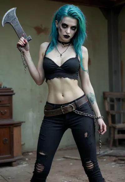 Full body, Nara, Wrathful Wraith, undead, female, readied stance, sadistic, lonely, aggressive, slightly manic, antagonistic, (pale mismatched skin), reanimated corpse, (corpse like complexion), (thin lips), (black makeup), (black lipstick), (light makeup), (long vibrant green blue hair), (hair swept to one side), (large tattered black bow in hair), (giant bloodied axe), (grapple hook and chain), (small crop top), (pants with holes in them and one leg ripped off), (thick gray belt), (pirate aesthetic), (Frankenstein aesthetic), (patchwork), (stitches all over), (scars all over), (bandages), (zombie like stance)