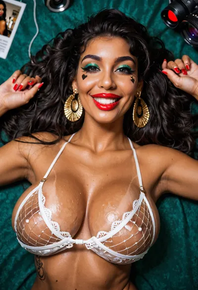 cute bimbo Arabian Egyptian model, tanned skin, long hair tied, lipstick, eyes liners, Red nails, creole earrings, photoshoot after cumshots, photo studio on background, lights, green backdrop and camera tools, with camera on sides, white cum dripping from the chest, cum on hair, (huge, teardrop, saggy, East West breasts:1.3), tattoo between boobs along cleveage, smiling, happy face, woman lying on your back, Black tights, a cum has recently been poured over all of her body and face, view from angle, looking at the photographer, taken by professional photographer, normal day lightning, woman, looking at the girl, <lora:655295_training_data:.8>