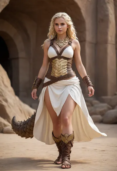 Full body, Alsa, Desert Flare, pangolin beastkin, (large pangolin tail), (pangolin feet), female, mage, (rock magic), young, brave, kind-hearted, bubbly, excitable, (lighter skin tone), (thin), (thick thighs), (messy light blonde hair), (dark brown leather dress), (white cloth draped over her front and back), (small amount of gold jewelry), (leather straps), (bulky scaled bracers), (tribal vibes)