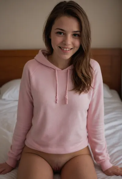 highly detailed image of a 30 years old woman shy smiling, brown hair, light pink hoodie, (bottomless, exposed pussy:1.5), kneeling on a bed, (photorealistic, UHD, 4K, 8K)