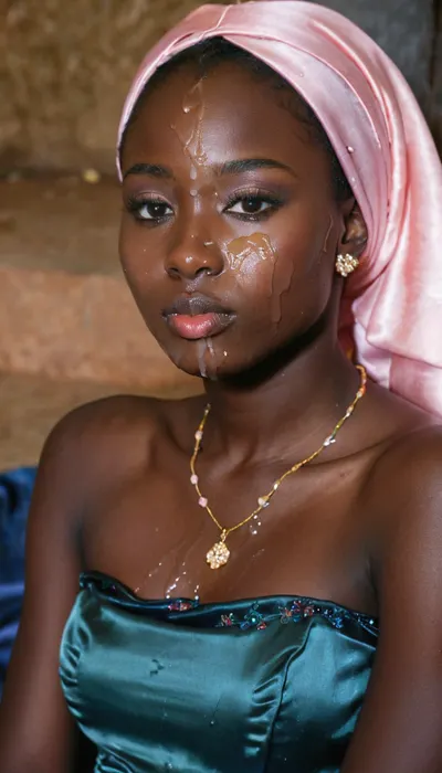 portrait of a, (very petite:1.3), (19 year old), (Congolese woman), (very dark black skin), (colorfull satin-dress), (cum on face), (cum on hijab), sitting near a spring. woman, cum, on, face, <lora:JustCum:1.1>
