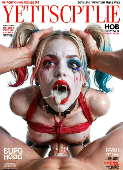 beautful blonde woman, big boobs, scarcely dressed as harley quinn, nsfw, on a magazine cover, English text "STUPID WHORE" on cover of magazine, See, "Trigger, List", harleyquinn, ((hogtied, bound for sex, tied up)), (black eyes), (pale skin:1.3), cock in mouth, (brutal face fuck), Blowjob, (tears in eyes:1.5), (purple red face:1.5), (running makeup), (cum drips from nose:1.3), (cum drips from mouth:1.3), ultra hd, photorealistic, hyper gigantic large black cock in mouth, (((hyper gigantic large black cock in mouth:1.3))), oral cream pie, hair grab, sad, sad crying, tongue out, brutal face fuck, tears in eyes, purple red face, running makeup, cum drips from nose, cum drips from mouth, one hand around her neck, choking her hard, strangling her, gasping for air, highly detailed, high resolution, perfect lighting, natural lighting, holding head, deepthroat, black spiked pet collar with leash, tied up in chains, hands behind back, (anal:1.5), (masterpiece:1), hard nipples, sweaty, steamy, detailed face, embarrassed expression, shy, blushing, looking at viewer, hourglass waistline, perfect anatomic body, ass up, anal spitroast, gagging on cock, random pose, random view angle, (pulled nipples:1.2), nipple clamps, spitroast, cum explosion from mouth, cum explosion from nose, wide eyes, throat bulge, puffy cheeks, thick cum, holding her head with both hands, (((hyper large cock in mouth:1.3))), screaming, shocked, tearful, deep anal penetration, (pigtails:1.3), cum explosion, post orgasm, last orgasm, shot from below, Uber realistic, ultra detailed, masterpiece, arched back, detailxl, 35mm photograph, film, professional, 4k, 1girl, 5 boys, hdr, photographic, ultra realistic, ultra high details, back light, (front view), (dynamic pose), best quality, flatchested, incredibly lean body, feminine, anal sex, with large muscular black men, gargantuan black cocks, anal sex expansion, ravenous hyper sex, large hyper muscular black men, interracial gangbang, (interracial sex), swollen black veiny cocks, (double anal penetration), hardcore double penetration, proper physics, big black cocks, muscular black interracial gangbang, (forceful penetrations), extremely graphic, shocked expression, beautiful hands, massive cum in ass