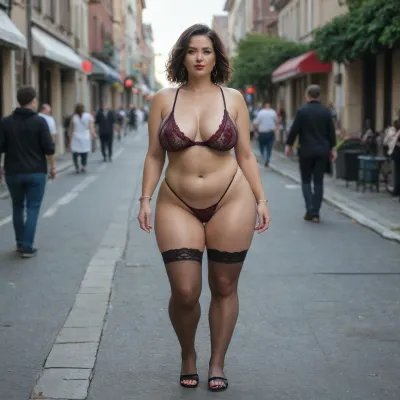 Milf, 35 years old, straight black bob hair, plump lips, maroon, full build, chubby, big breasts, protruding nipples, transparent bra, transparent thong, black fishnet stockings, stilettos, walking down the street, <lora:220437_training_data:1.3>