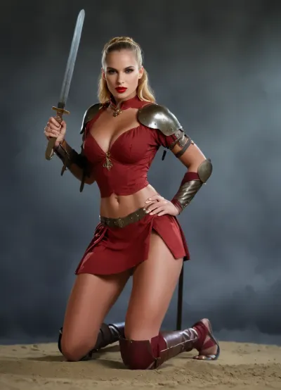 ((45 years old mature gladiatrix kneeling:1.8)), (Wicked passionate Antic Roman female gladiatrix:1.4), ((antic Roman open air Arena with sand surface:1.3)), ((gladiatrix attacking viewer with a sword:1.5)), (extreme long honey blonde wavy voluminous hair:1.4), arrogant proud stunning rectangle shaped face, highly detailed skin, barely visible freckles, sharp chin, curvy jaw lines, wide brown seductive eyes, high sharp cheekbones, Slavic roots, (detailed huge sensual red lips:1.4), curvaceous hourglass bimbo body, high libido, warrior, vigorous, wide round muscular hips, narrow waist, 36J cup round natural boobs, ((dressed in bronze armor and asymmetrical gauze tyrian maroon bandage with golden borders around her breast:1.3)), beautiful round ass, antic style sandals, RAW image, DSLR photography, 8K, best quality, sharp focus, detailed, eyes, perfect, freckles, skin, texture, photorealistic, large, breasts, big, boobs, huge, tits, ovhatt, bothnd, onehnd, front, view, side, overhead, attacking, with, p0s3_w34p0ns, .8>, <lora:add-detail-xl:.8>, <lora:Super_Eye_Detailer_By_Stable_Yogi_SDPD0:.8>, <lora:bombshell_v2:.4>, <lora:OverheadAttack.0.9:1.2>