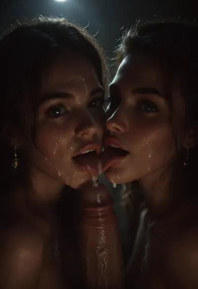 2girls, 1man, 18 year old girls, licking huge dick from both sides, open mouth, tongue, smiling, happy face close-up, cumshot, jet of sperm, bukkake, dick is cumming, cum on face, cum on chin, moonlight, <lora:M05_Intensify:.8>, <lora:dark:.5>