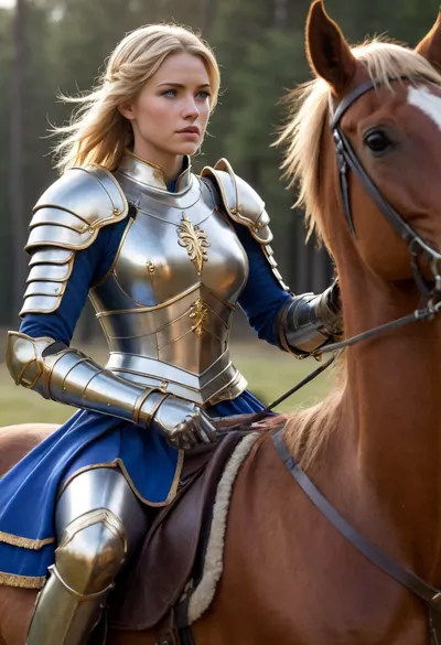 Full body, Temesia, Lightsavior, human, female, (sturdy build), (mounted knight), (Templar), (paladin), neat, tidy, clean, very hardworking, strict, charming, lesbian, beautiful, flawless, devout, (wielding dual bladed great sword), (short messy golden blonde hair), (light purple eyes), (bulky silver full plate armor with gold accents), (wearing blue clothes under armor), (massive amber gemstone embedded in her chest plate), (riding a brown horse with matching silver and gold armor)