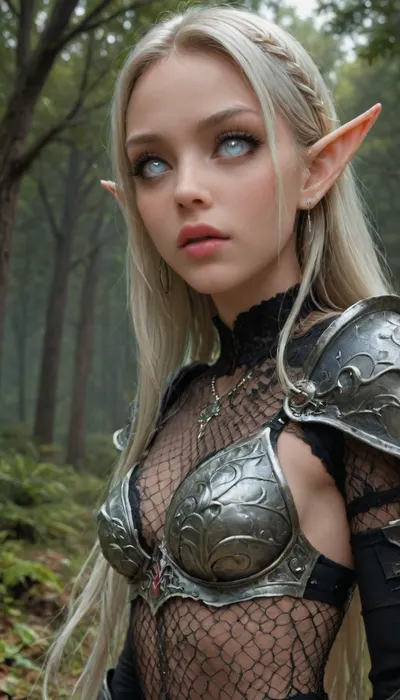 (1 extremely beautiful elf girl standing in a dark evil forest:1.4), (close up angle:1.8), (side view), big thin cute lips, (extremely small beautiful face:1.3), white hair, (extremely long hair), extremely straight hair, (beautiful black fishnet armor:1.4), partially clothed, white skin, very long thick eyelashes, (light white eyes), (extemely beautiful petite body:1.4), collarbones, multiple big necklace, earrings, (cute tiny breasts), small waist, (cute bubble butt:1.3), (extremely thin petite thighs), long legs, (extremely perfect big beautiful eyes:1.8), (perfect face:1.3), 8k, (dark forest at night:1.2), white, sclera, eyes, R3g4l, 3lv3n, woman, courtyard, armor, cloak, sword, castle, dark, fantasy, <lora:white sclera v2:1.3>, <lora:rknArouseXL:.8>, <lora:Regal_Elven:.8>, <lora:1366408_training_data:.8>, <lora:dark_fantasy_art:2>