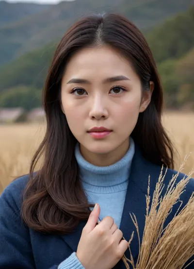 4k uhd photo of a Korean woman. In this image, the Korean woman has a serene and contemplative expression. She has long, softly curled dark brown hair that flows over her shoulders. Her skin is smooth and fair, with natural makeup that emphasizes her gentle features, including slightly flushed lips and defined brows.

She is dressed warmly in layered clothing, a pale blue turtleneck sweater, a matching cardigan, and a thick black coat with pink sleeves peeking through. She holds a bundle of dried grass, adding a poetic, autumnal touch to the scene. The soft, blurred background of fields and mountains gives the entire image a calm, emotional, and cinematic atmosphere.