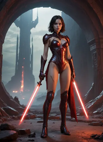 A young nude girl with fiery red eyes, standing defiantly in the shadowy landscape of an alien world. Her form is a mesmerizing blend of human and robotic features, with dark metal limbs that gleam under the pulsing neon lights of the planet's sky. Her left hand is clenched into a fist, revealing intricate circuitry beneath the skin, while her right hand wields a sleek lasersword, its blade a vibrant ribbon of light slicing through the dense, smoke-filled atmosphere. The sword's hilt is adorned with ancient runes that hint at a storied past and an unyielding power. The girl's attire is a mix of futuristic armor and tattered remnants of a forgotten civilization, with a crimson cape fluttering behind her like a banner of rebellion. In the background, colossal structures of mysterious origin loom over the scene, their surfaces etched with alien symbols that pulse with an eerie glow, casting long, ominous shadows across the cracked terrain. The stark contrast between the girl's youthfulness and the robotic hardness of her exterior is a testament to her resilience in the face of a daunting, yet fascinatingly beautiful, universe that is both foreign and perilous. Her gaze is fixed on the horizon, where an unseen danger lurks, ready to be met with her unshakeable courage. The scene is a powerful juxtaposition of innocence and technology, a silent narrative of survival and discovery amidst the dark beauty of the cosmos.