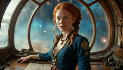 (outerspace:1.8), an image of a 45 year old woman standing at the helm of a pirate spaceship in outerspace., ((clearly Visible through the large windows is a colorful swirl of the universe)), . her hands are on the wheel. She accentuates her neckline, wearing a long-sleeved navy blue frock coat, dark red heavy skirt with leather belt and brass buckle., Her very long, straight, auburn, one braided pigtail falls over her shoulders. She has fair skin and is accessorized with an old key on a delicate necklace. her expression is happy sly coy. On the timber table beside her is an ancient map and compass. In the background, there is a crew working on raising the sails and chest of bounty, adding to the warm ambiance of the scene., looking at viewer, head turned to viewer, ginger hair, NEGATIVE_HANDS, 7-nasa, galaxies, nebula, <lora:MJ52:.5>, <lora:387205_training_data:1.4>, <lora:Nasa Style v1.0:1.4>, detailed face, detailed eyes